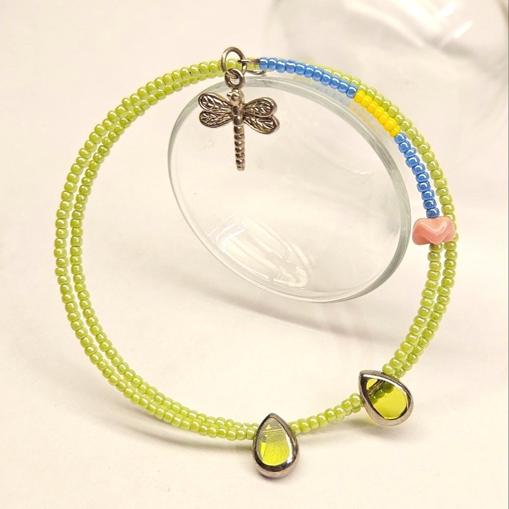 Dragonfly and Flower Memory Wire Bracelet